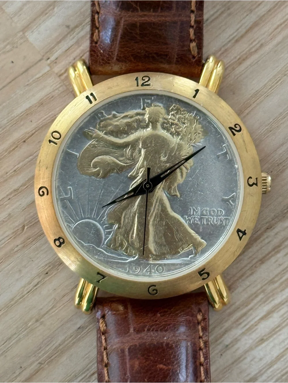 Brittania 1940 Walking Liberty Coin Watch Two-Tone Dial Gold Case Leather Strap